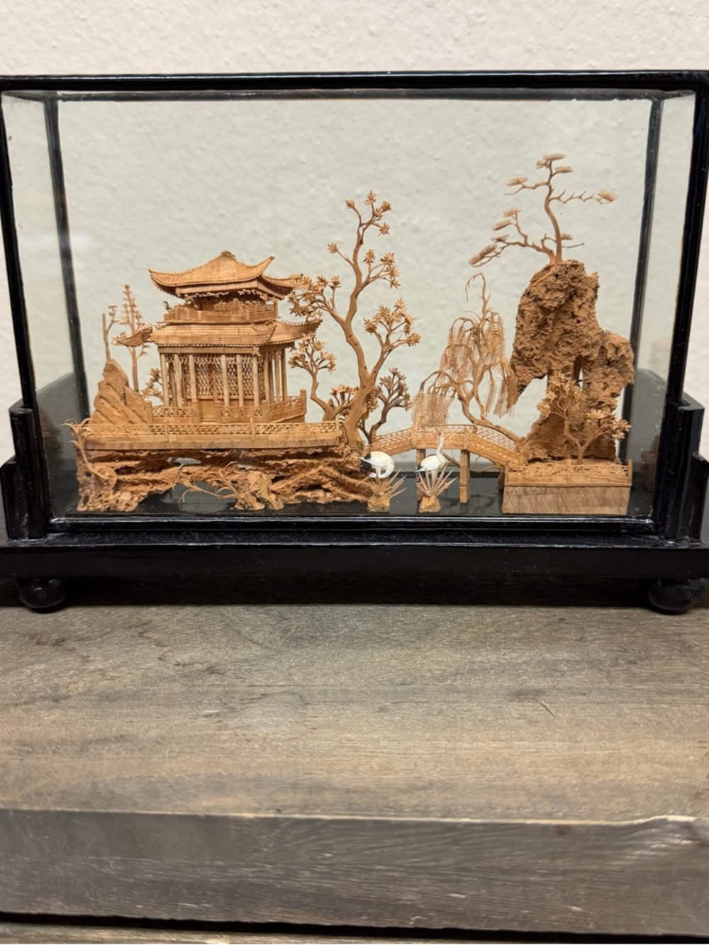 Intricate Hand-Carved Chinese Cork Diorama Pagoda